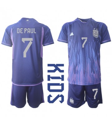 Maillot de foot Argentine Rodrigo de Paul #7 Extérieur enfant Monde 2022 Manches Courte (+ pantalon court)